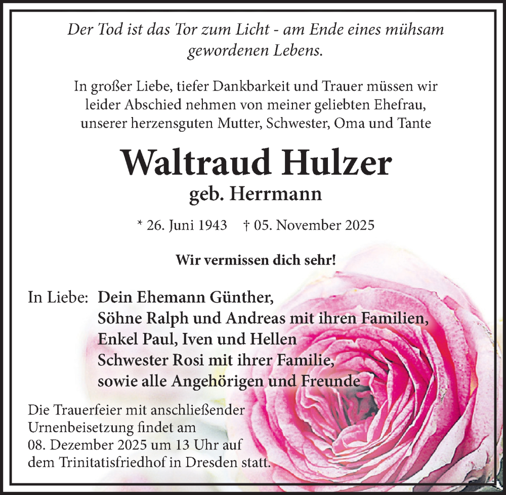  Traueranzeige für Waltraud Hulzer vom 15.11.2025 aus Sächsische Zeitung