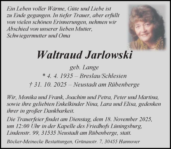 Traueranzeige von Waltraud Jarlowski von Hannoversche Allgemeine Zeitung/Neue Presse