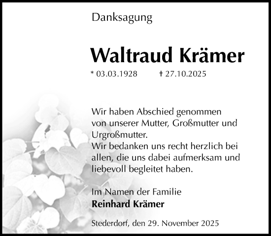 Traueranzeige von Waltraud Krämer von Peiner Allgemeine Zeitung