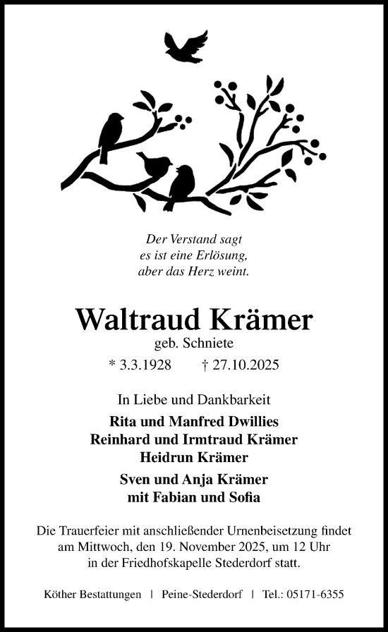 Traueranzeige von Waltraud Krämer von Peiner Allgemeine Zeitung