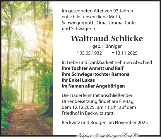 Traueranzeige von Waltraud Schlicke von Torgauer Zeitung