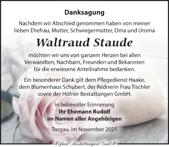 Traueranzeige von Waltraud Staude von Torgauer Zeitung