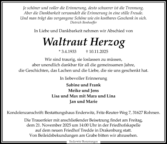 Traueranzeige von Waltraut Herzog von Die Harke