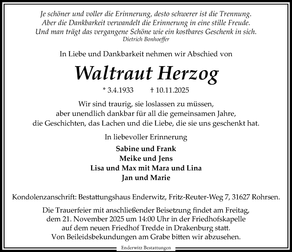  Traueranzeige für Waltraut Herzog vom 15.11.2025 aus Die Harke