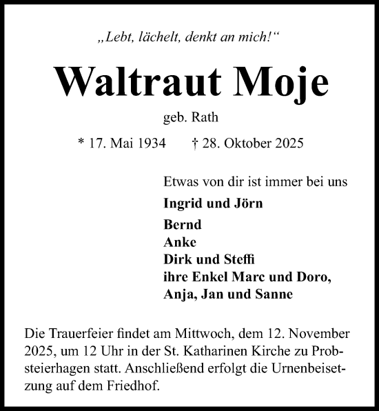 Traueranzeige von Waltraut Moje von Kieler Nachrichten