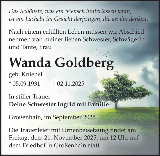 Traueranzeige von Wanda Goldberg von Sächsische Zeitung