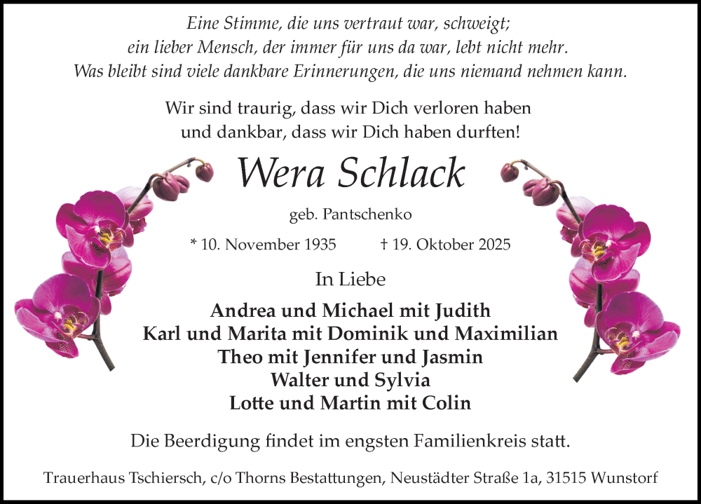  Traueranzeige für Wera Schlack vom 08.11.2025 aus Hannoversche Allgemeine Zeitung/Neue Presse