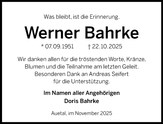 Traueranzeige von Werner Bahrke von Schaumburger Zeitung/ Landes-Zeitung