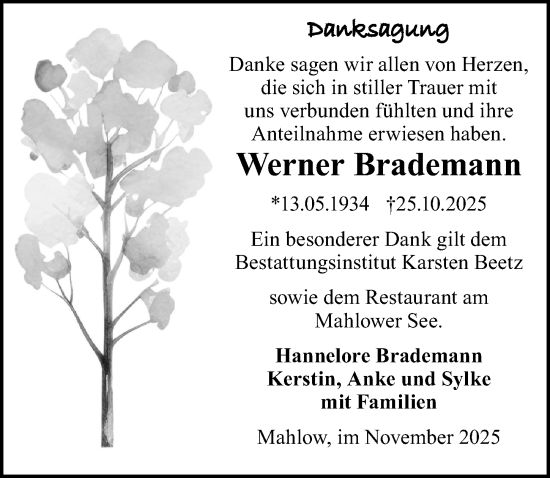 Traueranzeige von Werner Brademann von Märkischen Allgemeine Zeitung