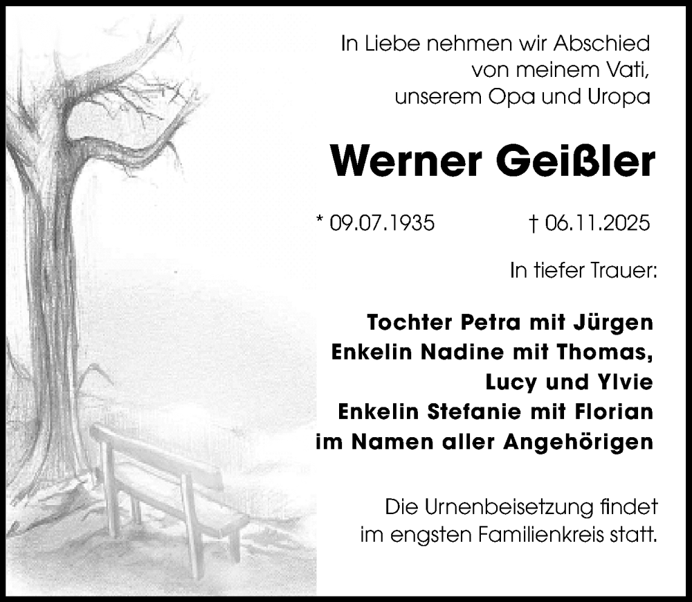  Traueranzeige für Werner Geißler vom 15.11.2025 aus Sächsische Zeitung