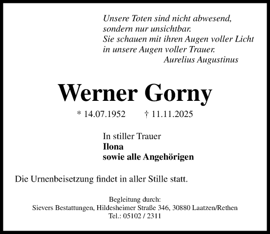 Traueranzeige von Werner Gorny von Hannoversche Allgemeine Zeitung/Neue Presse
