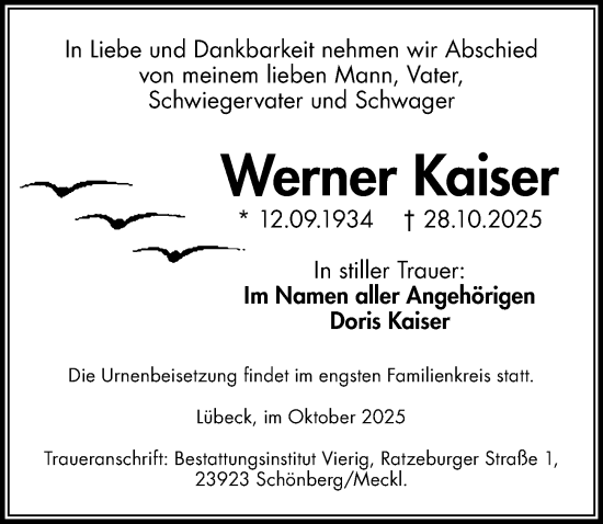 Traueranzeige von Werner Kaiser von Lübecker Nachrichten