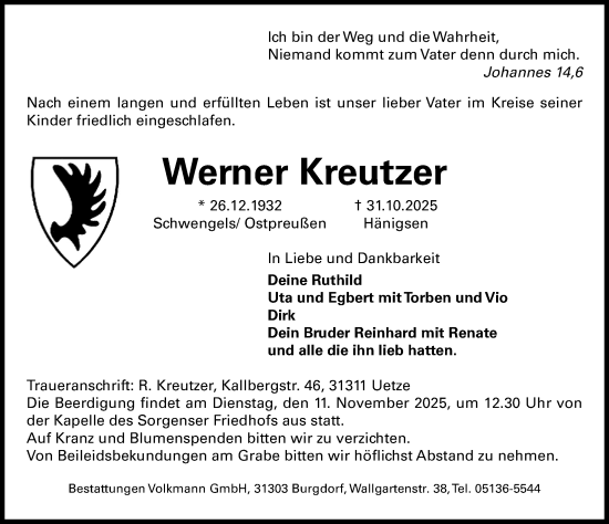 Traueranzeige von Werner Kreutzer von Hannoversche Allgemeine Zeitung/Neue Presse