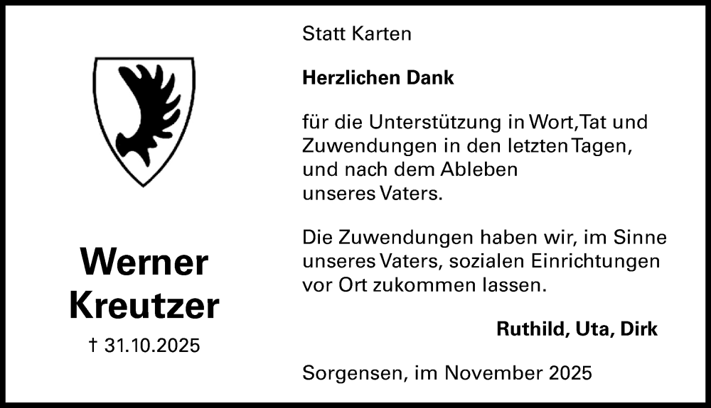  Traueranzeige für Werner Kreutzer vom 29.11.2025 aus Hannoversche Allgemeine Zeitung/Neue Presse