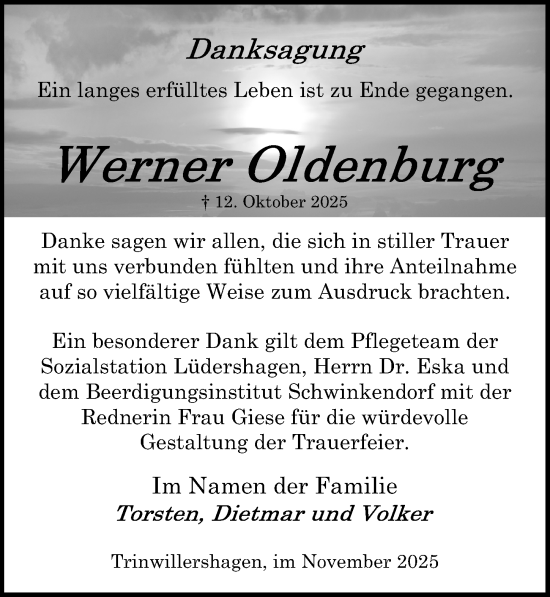 Traueranzeige von Werner Oldenburg von Ostsee-Zeitung GmbH