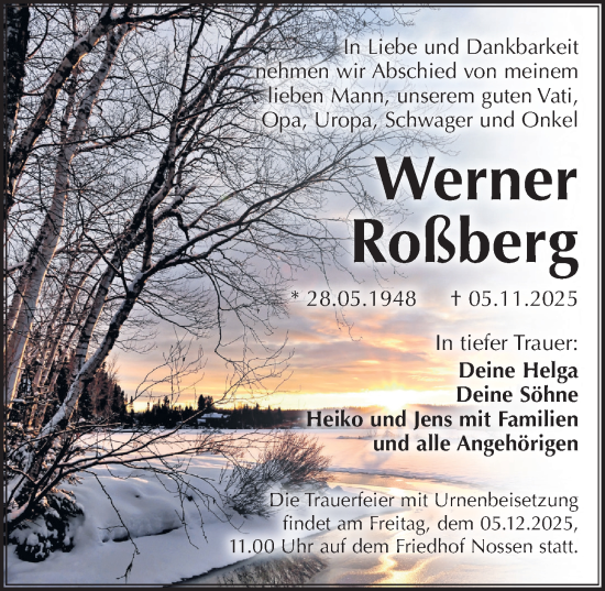 Traueranzeige von Werner Roßberg von Sächsische Zeitung