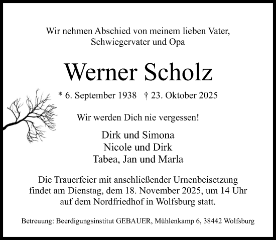 Traueranzeige von Werner Scholz von Aller Zeitung