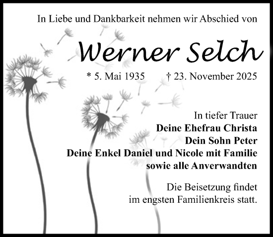 Traueranzeige von Werner Selch von Wochenspiegel