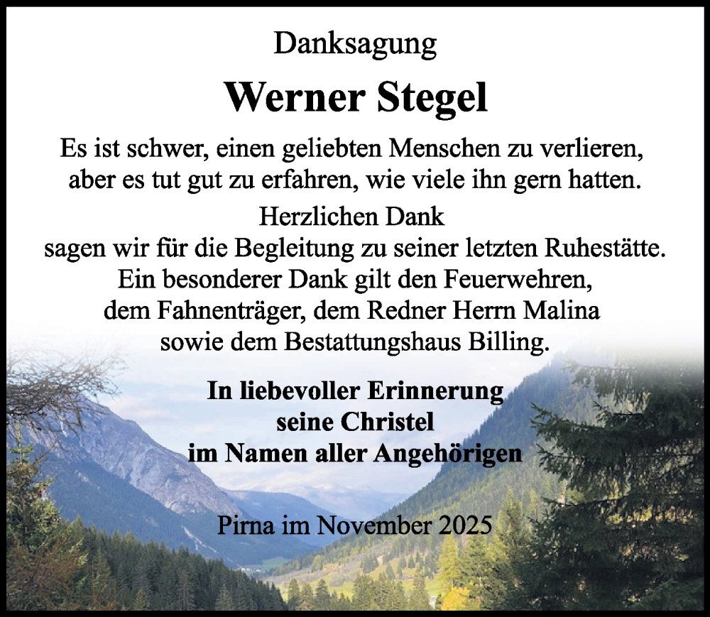  Traueranzeige für Werner Stegel vom 29.11.2025 aus Sächsische Zeitung