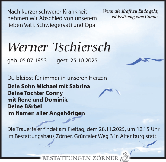 Traueranzeige von Werner Tschiersch von Leipziger Volkszeitung