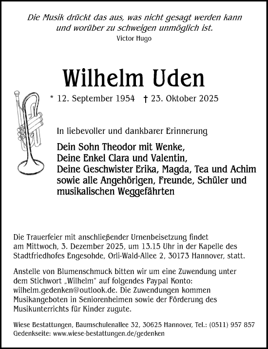 Traueranzeige von Wilhelm Uden von Hannoversche Allgemeine Zeitung/Neue Presse