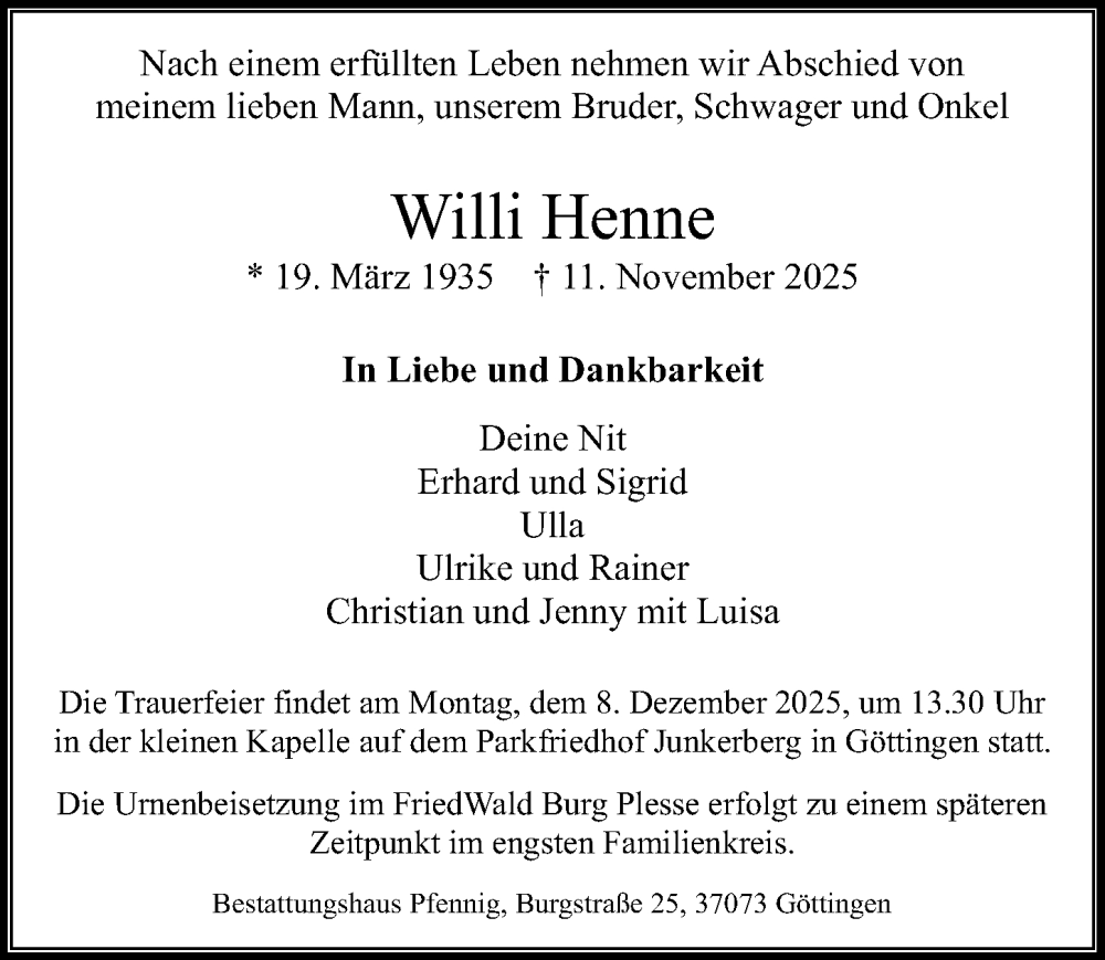  Traueranzeige für Willi Henne vom 29.11.2025 aus Göttinger Tageblatt