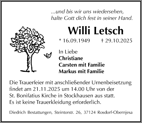Traueranzeige von Willi Letsch von Göttinger Tageblatt