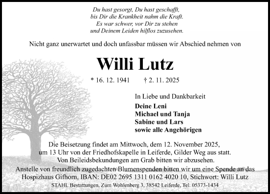 Traueranzeige von Willi Lutz von Aller Zeitung