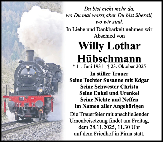 Traueranzeige von Willy Lothar Hübschmann von Sächsische Zeitung