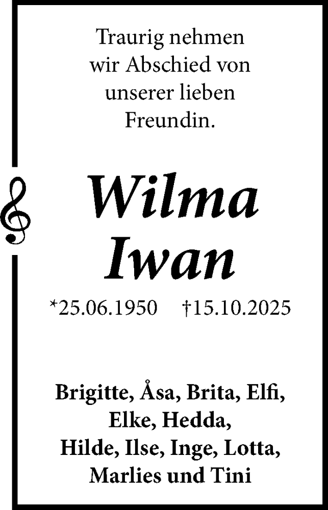  Traueranzeige für Wilma Iwan vom 02.11.2025 aus Lübecker Nachrichten