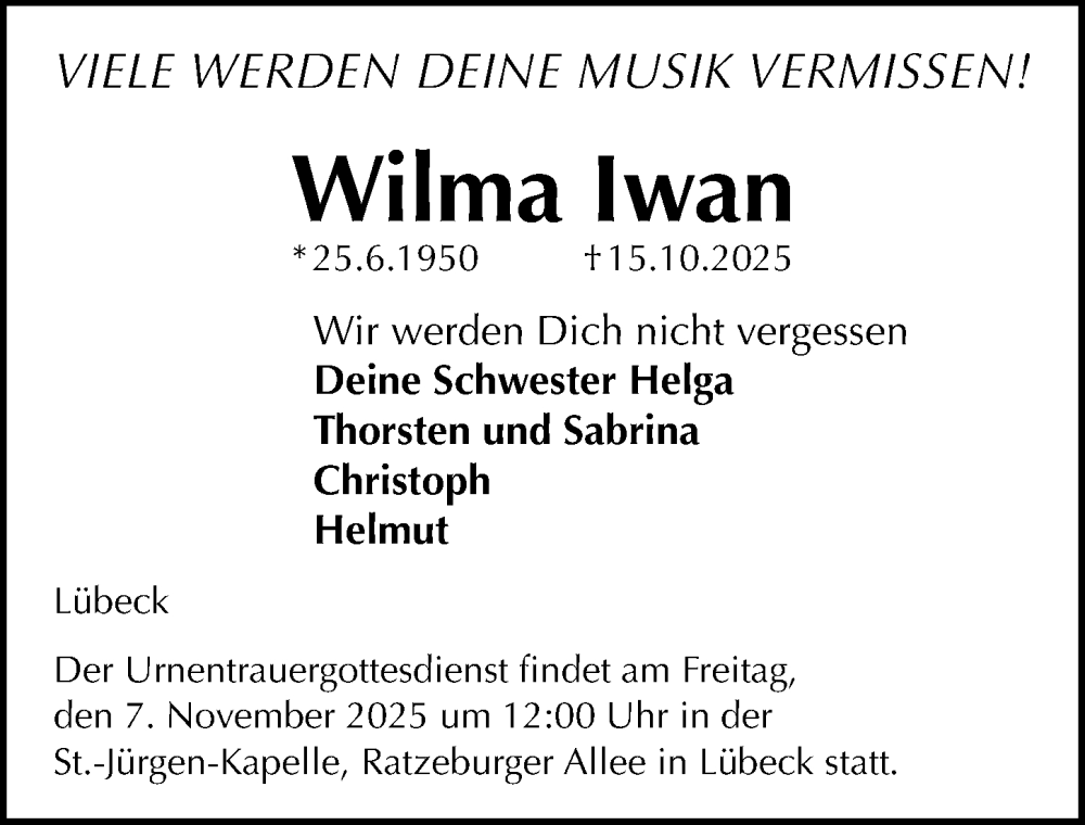  Traueranzeige für Wilma Iwan vom 02.11.2025 aus Lübecker Nachrichten