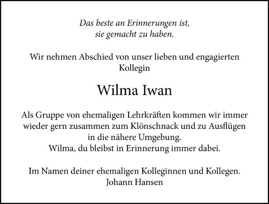 Traueranzeige von Wilma Iwan von Lübecker Nachrichten