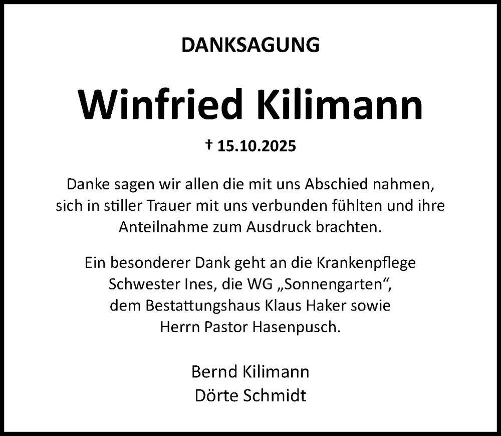  Traueranzeige für Winfried Kilimann vom 22.11.2025 aus Ostsee-Zeitung GmbH