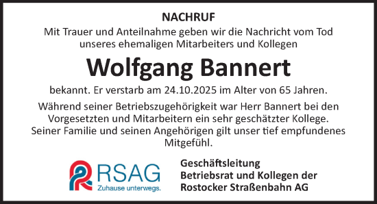 Traueranzeige von Wolfgang Bannert von Ostsee-Zeitung GmbH
