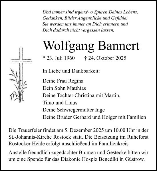 Traueranzeige von Wolfgang Bannert von Ostsee-Zeitung GmbH