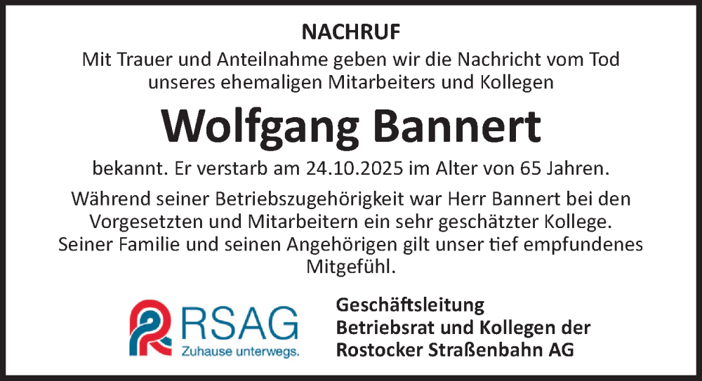  Traueranzeige für Wolfgang Bannert vom 29.11.2025 aus Ostsee-Zeitung GmbH