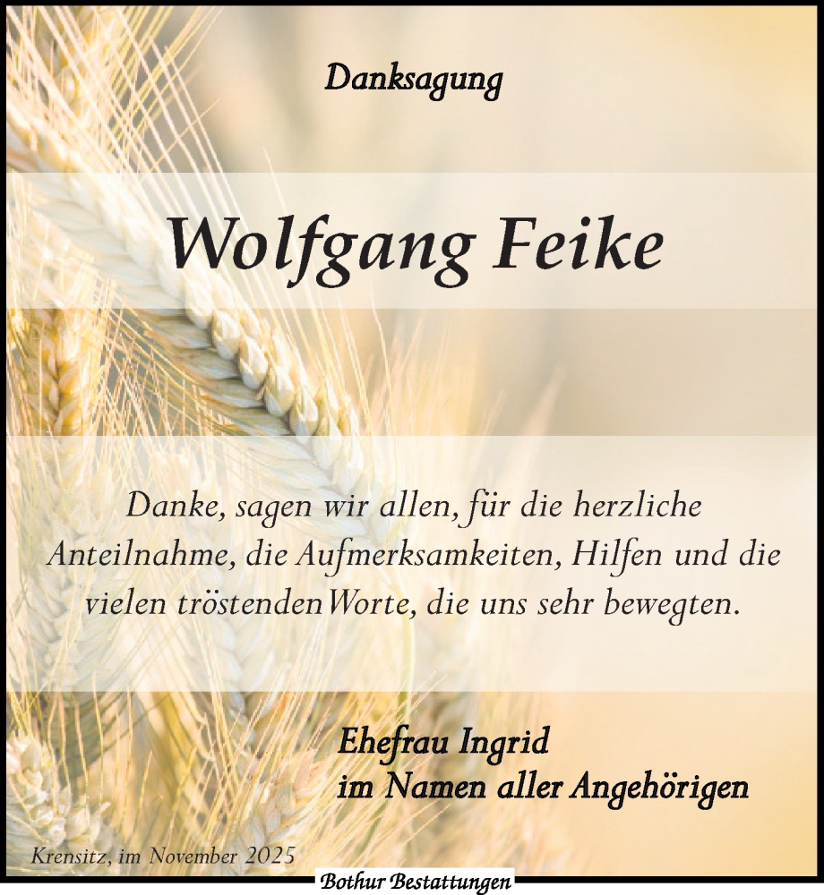  Traueranzeige für Wolfgang Feike vom 08.11.2025 aus Leipziger Volkszeitung