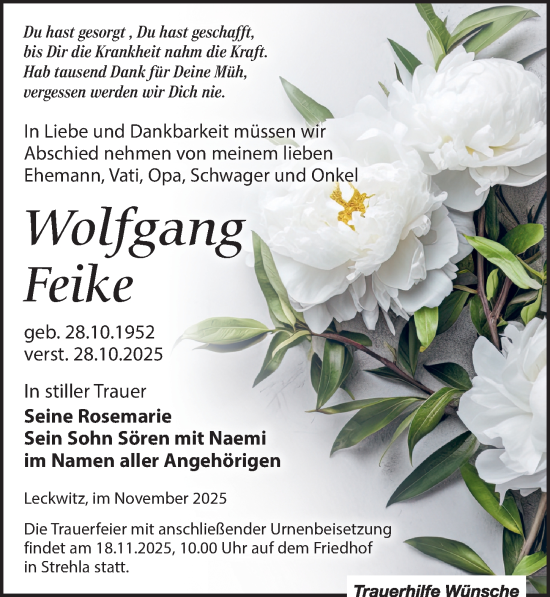 Traueranzeige von Wolfgang Feike von Leipziger Volkszeitung