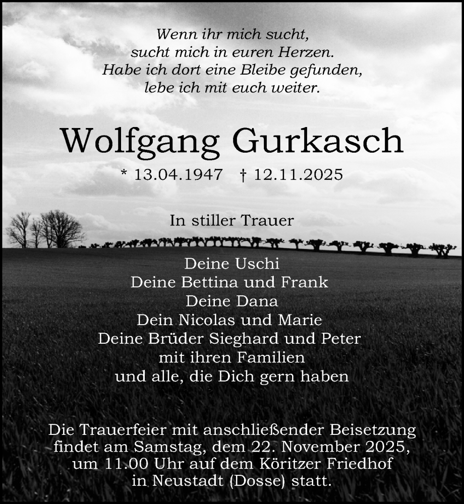  Traueranzeige für Wolfgang Gurkasch vom 15.11.2025 aus Wochenspiegel