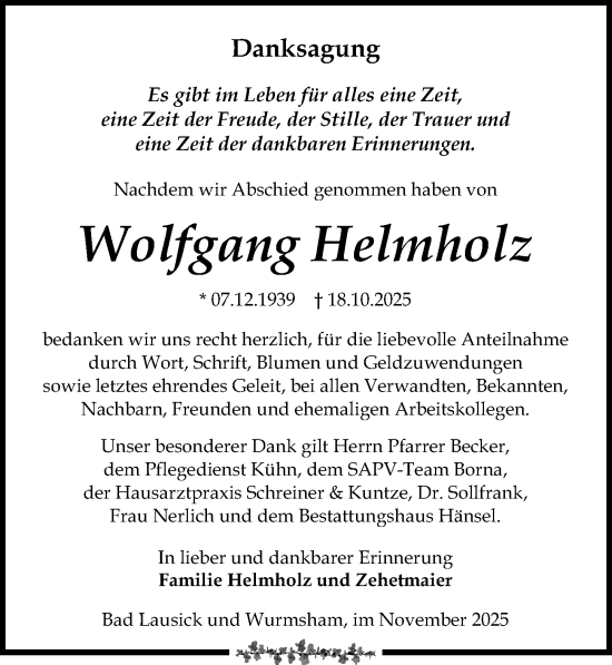 Traueranzeige von Wolfgang Helmholz von Leipziger Volkszeitung