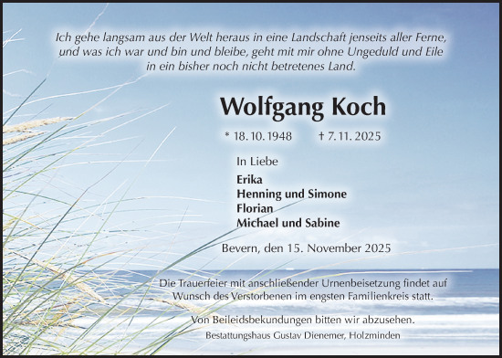 Traueranzeige von Wolfgang Koch von Täglicher Anzeiger Holzminden