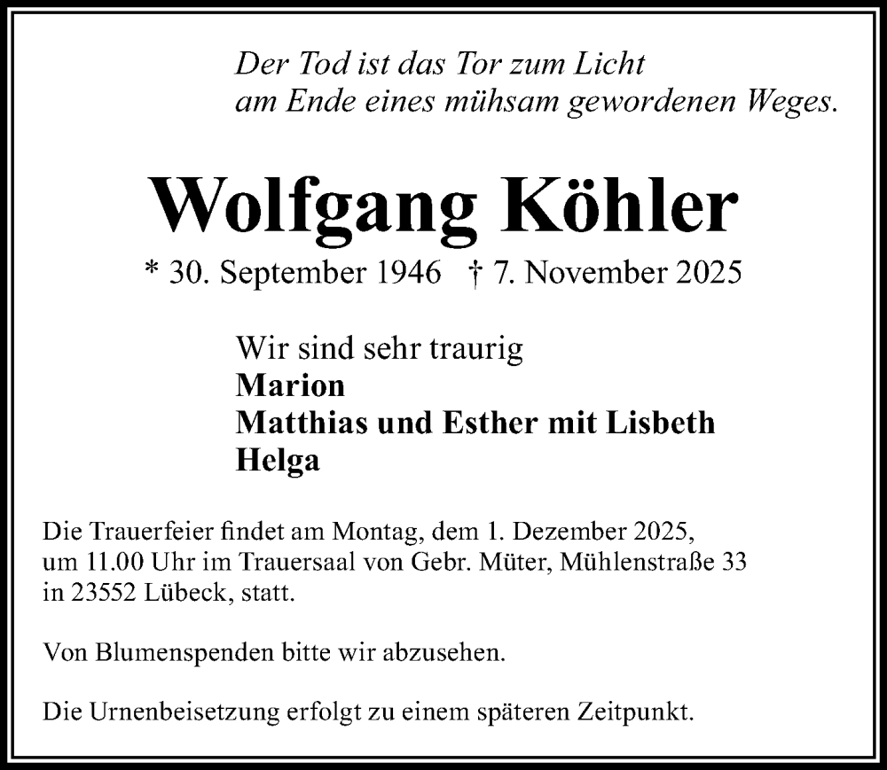  Traueranzeige für Wolfgang Köhler vom 23.11.2025 aus Lübecker Nachrichten