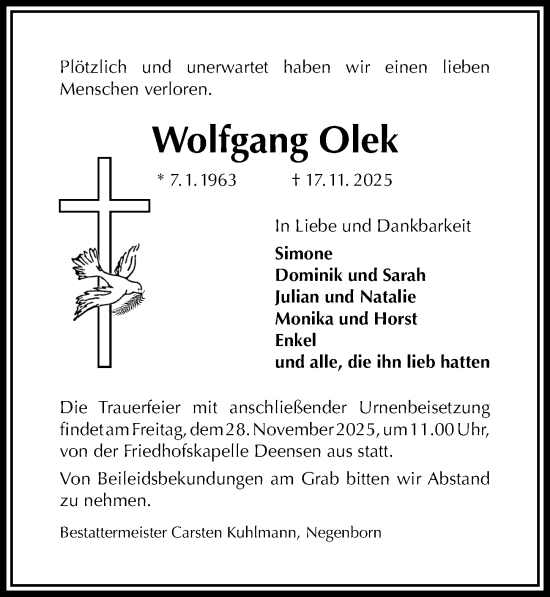 Traueranzeige von Wolfgang Olek von Täglicher Anzeiger Holzminden