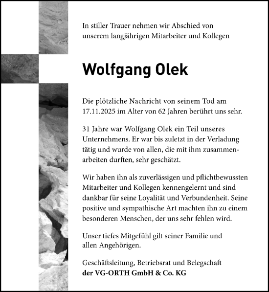 Traueranzeige von Wolfgang Olek von Täglicher Anzeiger Holzminden