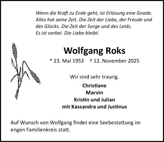 Traueranzeige von Wolfgang Roks von Lübecker Nachrichten