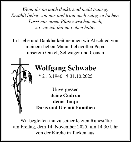Traueranzeige von Wolfgang Schwabe von Wochenspiegel