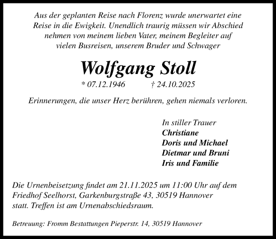 Traueranzeige von Wolfgang Stoll von Hannoversche Allgemeine Zeitung/Neue Presse