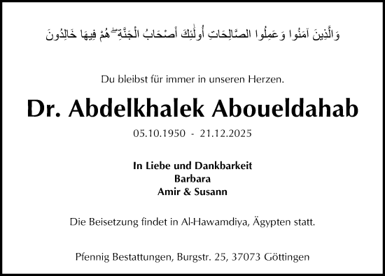 Traueranzeige von Abdelkhalek Aboueldahab von Göttinger Tageblatt
