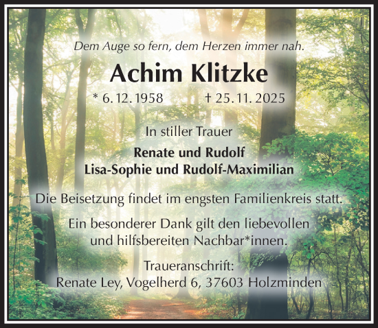 Traueranzeige von Achim Klitzke von Täglicher Anzeiger Holzminden