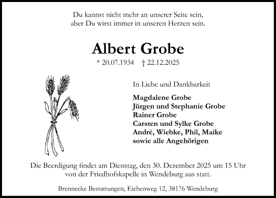 Traueranzeige von Albert Grobe von Peiner Allgemeine Zeitung